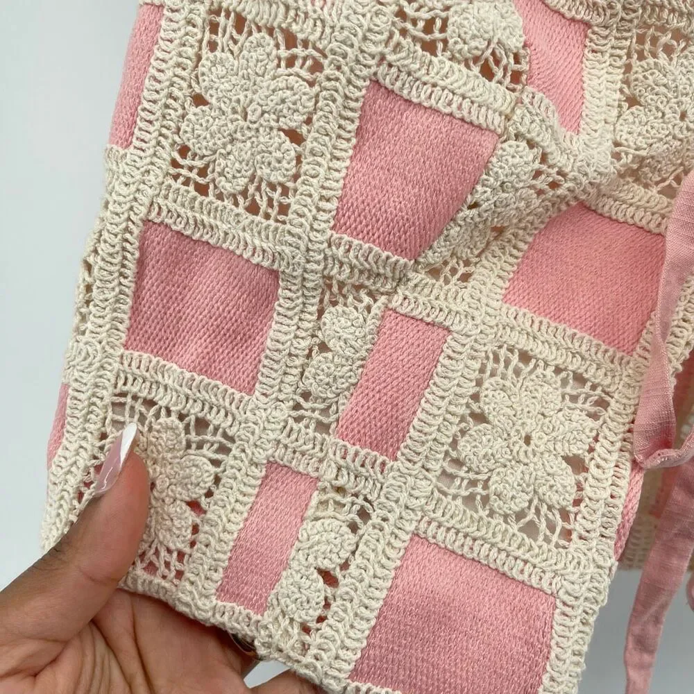 Emory Park Crochet Lace Tie Front Vest Small Pink Boho Festival Cottagecore - Picture 5 of 12